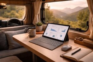 découvrez un bureau mobile innovant pour la vanlife avec une tablette tactile microsoft, un setup pratique et efficace pour travailler en déplacement.