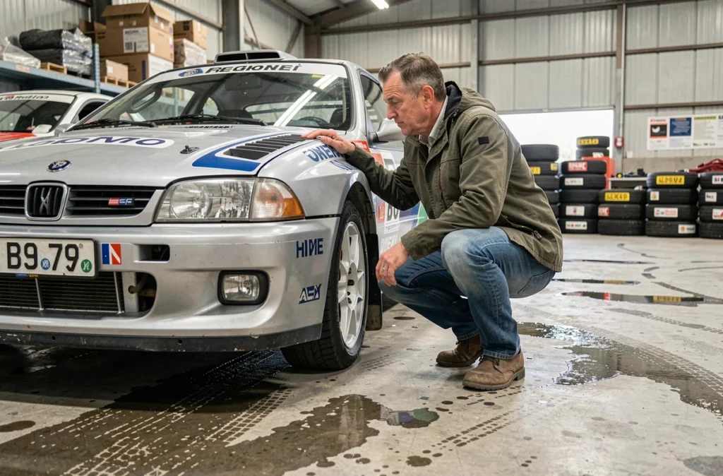 Acheteur examinant une voiture de rally d'importation dans un entrepôt à l'étranger
