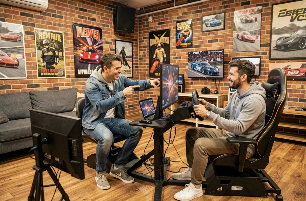 Deux amis passionnés de simracing discutant d'une trajectoire de course devant un simulateur dans un espace gaming partagé aux murs en briques apparentes