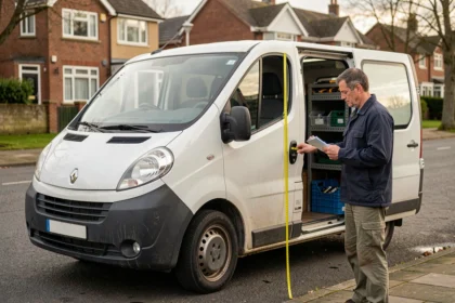 Artisan mesurant la hauteur intérieure d'un Renault Trafic 2 avec un mètre ruban, van utilitaire aménagé ouvert en rue