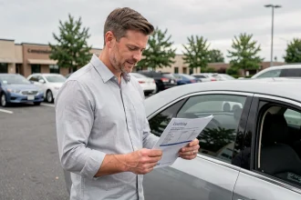 Homme tenant une attestation d'assurance provisoire auto à côté de sa voiture dans un parking