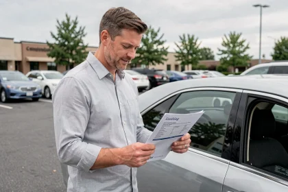 Homme tenant une attestation d'assurance provisoire auto à côté de sa voiture dans un parking