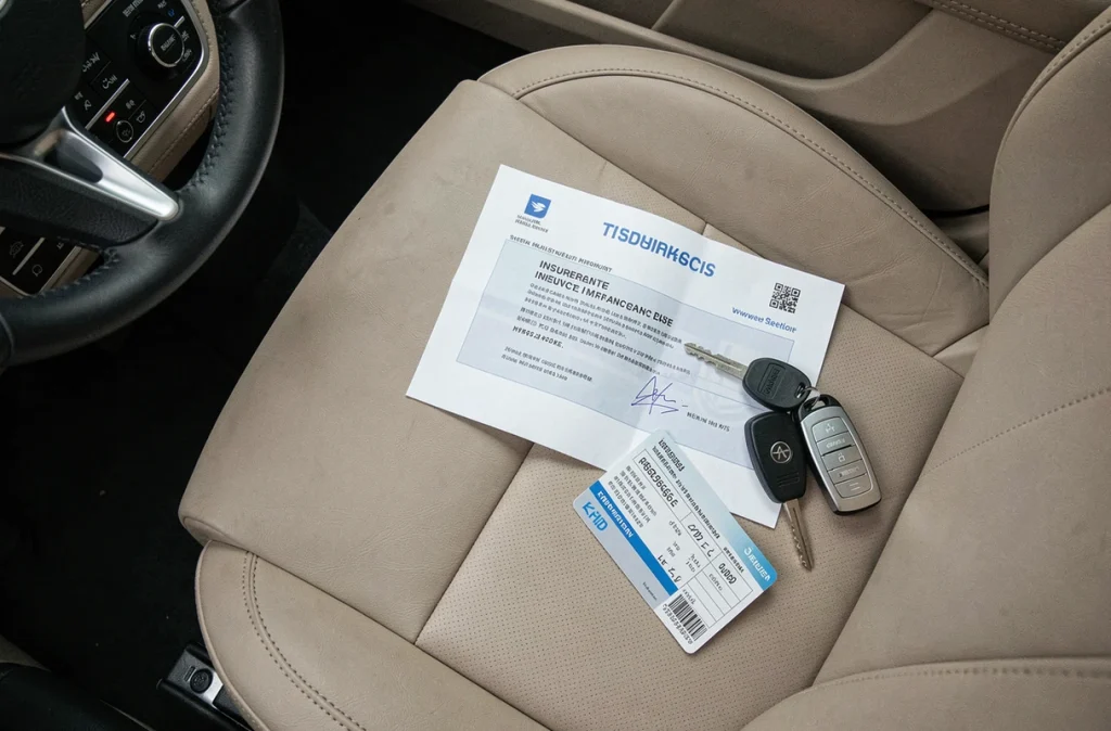 Attestation d'assurance provisoire auto posée sur un siège passager avec clés de voiture et carte grise