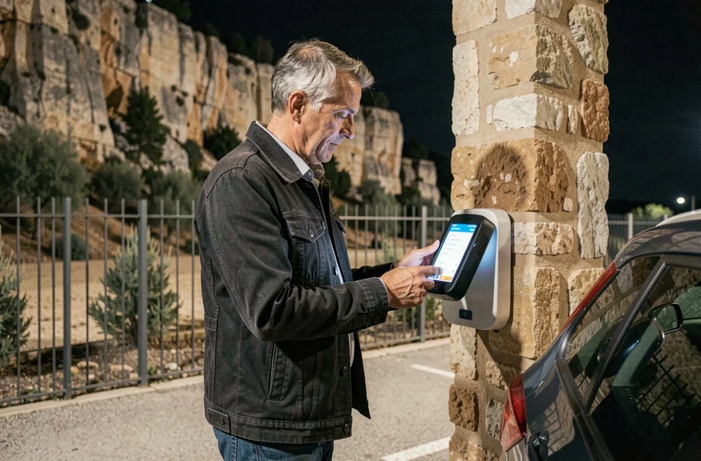 Automobiliste utilisant une borne de paiement dans un parking nocturne sécurisé en Provence