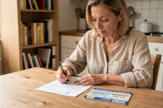 Femme remplissant un formulaire de changement d'adresse sur la carte grise à la maison