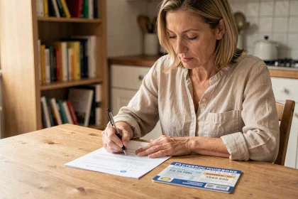 Femme remplissant un formulaire de changement d'adresse sur la carte grise à la maison