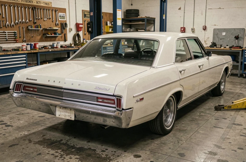 Arrière d'une Chevrolet Impala 4 portes 1967 blanche dans un garage américain vintage avec détails chromés et feux arrière iconiques