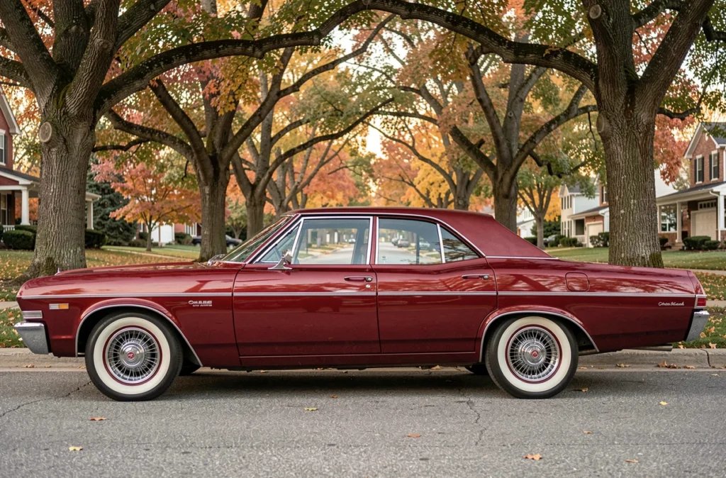 Profil complet d'une Chevrolet Impala 4 portes 1967 rouge cerise restaurée dans une rue suburbaine américaine sous un feuillage automnal