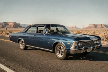 Chevrolet Impala 4 portes 1967 en bleu nuit garée sur une route américaine désertique avec un paysage de mesa en arrière-plan