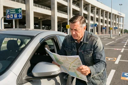 Conducteur consultant un plan d'accès au parking P2 du Stade de France depuis sa voiture