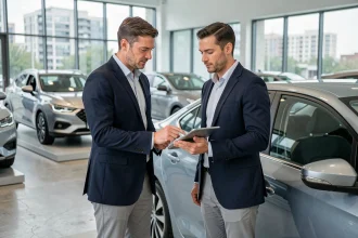 Conseiller automobile présentant un document de puissance fiscale à côté d'une berline compacte dans un showroom moderne en 2026