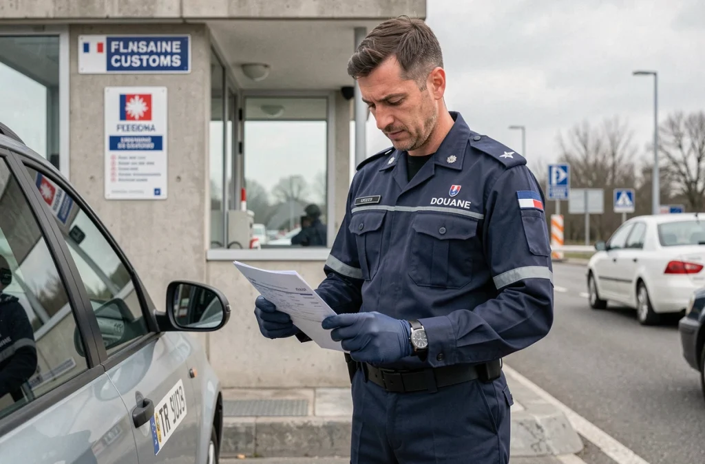 Douanier français contrôlant les documents d'immatriculation d'un véhicule étranger plaque TR à un poste frontière