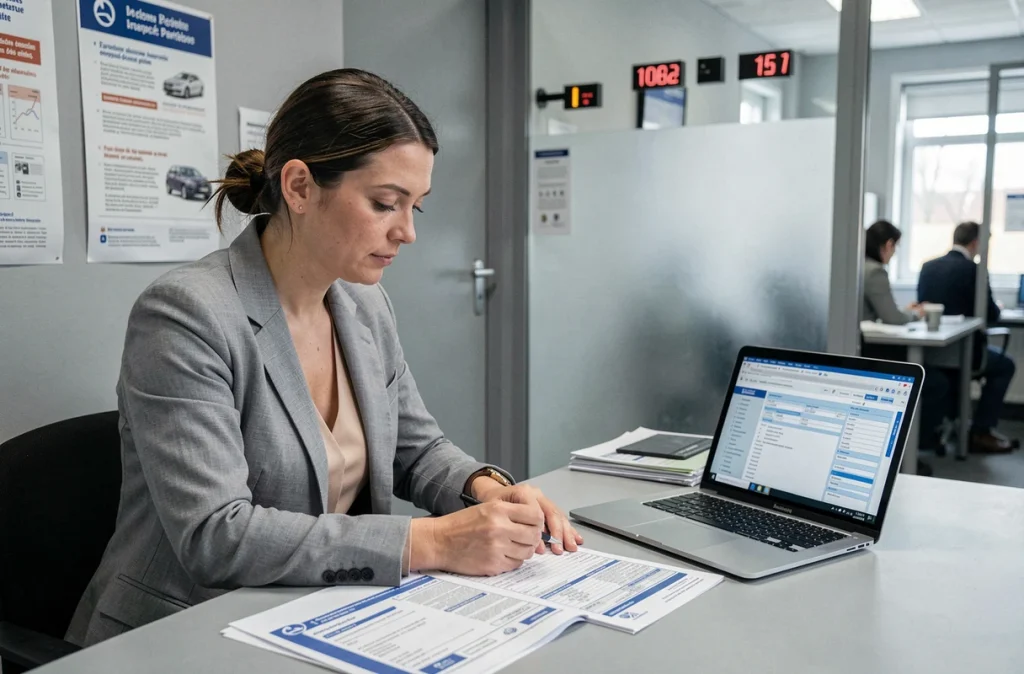Femme consultant des documents d'immatriculation TR à un guichet de préfecture française pour régulariser un véhicule étranger