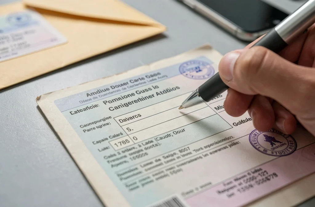 Gros plan sur la section adresse d'une carte grise française avec stylo pointant le champ à modifier