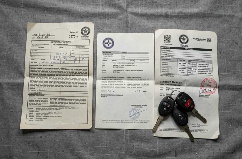 Vue de dessus des documents indispensables pour réussir un contrôle technique en France