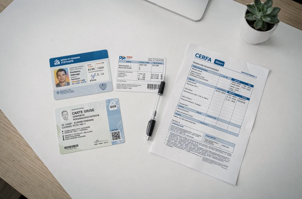 Documents nécessaires pour obtenir un duplicata de certificat d'immatriculation disposés en flat-lay sur un bureau