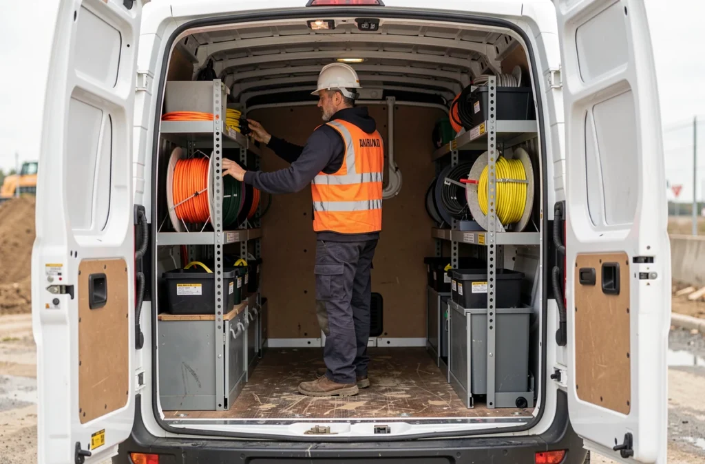 Électricien debout dans le coffre d'un Trafic 2 aménagé, illustrant la hauteur sous plafond suffisante pour travailler à bord