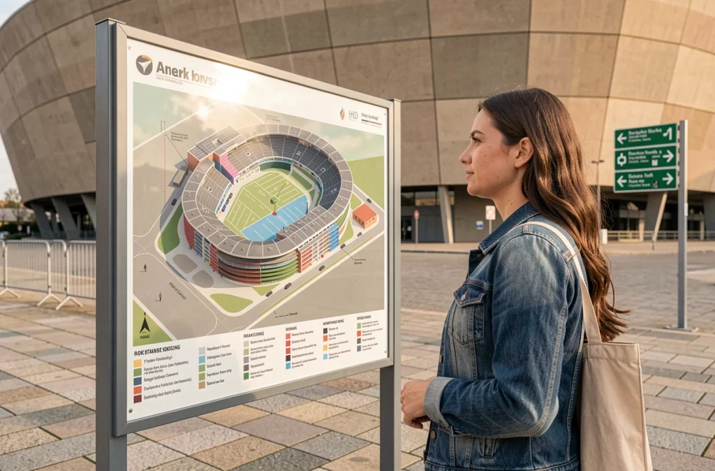 Femme consultant le plan d'accès au parking P2 affiché à l'extérieur du Stade de France