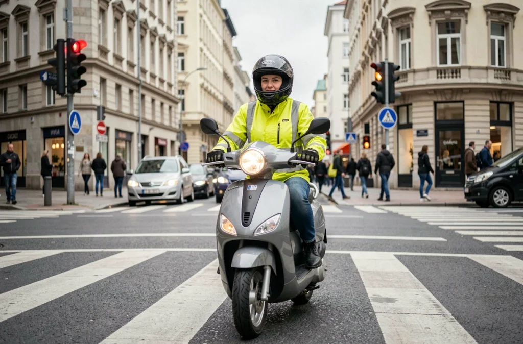 Femme équipée sur un scooter 125cc à un carrefour urbain, illustrant la transition de la voiture au deux-roues motorisé