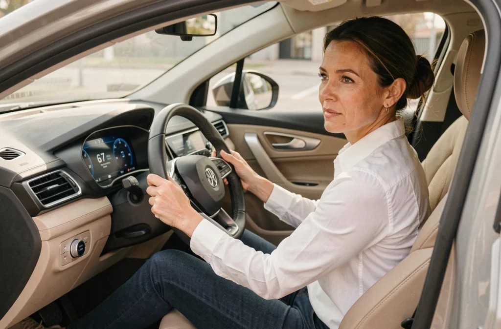 Femme au volant d'une voiture compacte consultant les caractéristiques moteur affichées sur le tableau de bord numérique