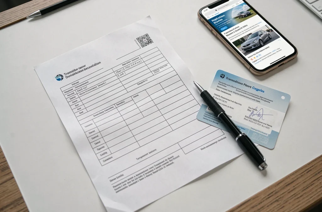Vue de dessus d'un formulaire de déclaration de cession de véhicule et d'une carte grise posés sur un bureau