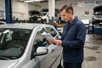 Homme tenant ses documents pour le contrôle technique à côté de sa voiture dans un garage agréé