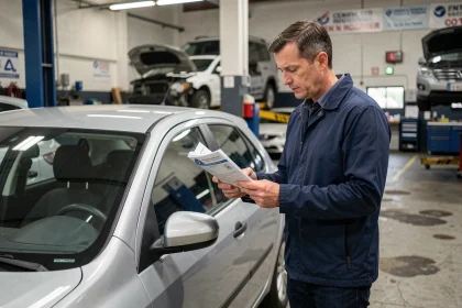 Homme tenant ses documents pour le contrôle technique à côté de sa voiture dans un garage agréé