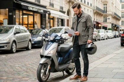Homme adulte debout à côté d'un scooter 125cc en ville, consultant des documents pour passer du permis voiture au scooter