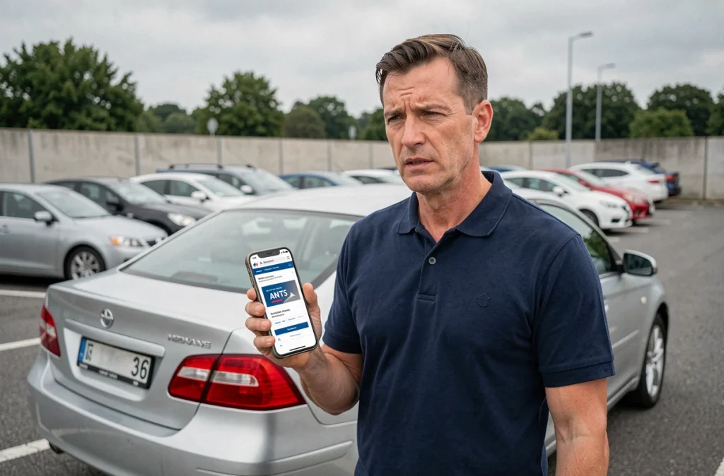 Homme consultant le site ANTS sur son téléphone à côté de sa voiture pour demander un duplicata de carte grise