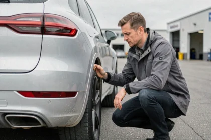 Homme inspectant la carrosserie d'un Porsche Cayenne S Magnum d'occasion sur un parking avant achat