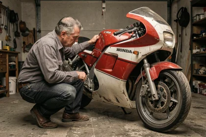 Mécanicien inspectant les freins d'une Honda CBR 1000 F ancienne génération dans un garage privé