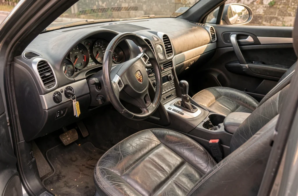 Intérieur usagé d'un Porsche Cayenne S Magnum d'occasion montrant tableau de bord et compteur kilométrique