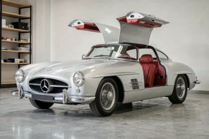 Mercedes 300 SL Gullwing 1955 argentée avec portes papillon ouvertes dans un garage privé minimaliste