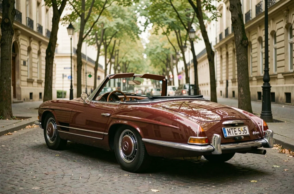 Mercedes 300 SL roadster bordeaux cabriolet capote baissée sur un boulevard européen pavé