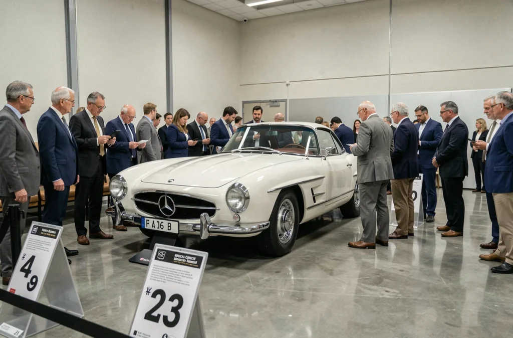Vente aux enchères d'une Mercedes 300 SL blanche avec collectionneurs et commissaires-priseurs dans une salle de vente