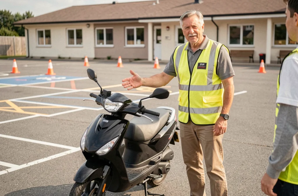 Moniteur d'auto-école expliquant les bases de la conduite d'un scooter 125cc dans un centre de formation deux-roues