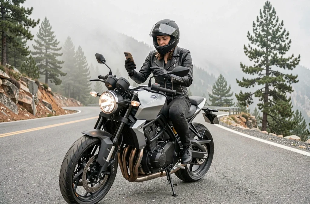 Motarde consultant un site de référence auto-moto sur smartphone au bord d'une route de montagne