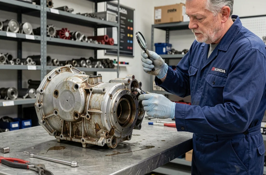 Technicien examinant un moteur de Honda CBR 1000 F démonté sur établi dans un atelier de réparation moto professionnel