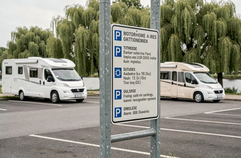 Panneau de stationnement pour camping-cars avec aire dédiée et canal en arrière-plan dans le centre de Colmar