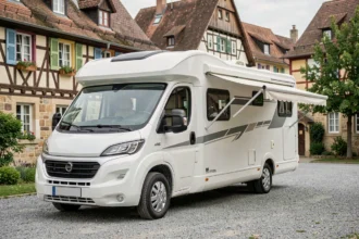 Camping-car garé sur un parking dédié en périphérie du centre-ville de Colmar avec maisons alsaciennes en arrière-plan