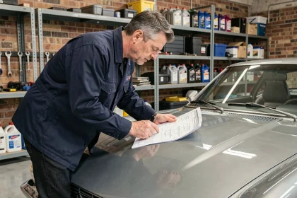 Passionné d'automobile consultant un guide technique dans un garage privé avec une voiture de sport classique