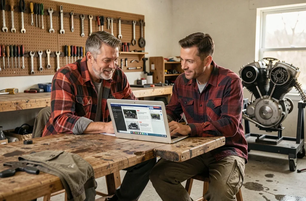 Deux passionnés d'auto et moto comparant des fiches techniques sur un ordinateur portable dans un atelier