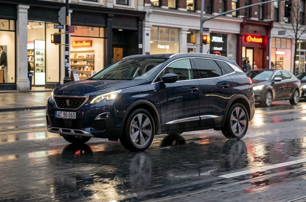 Peugeot 3008 Hybrid 136 e-DCS6 en conduite urbaine sur boulevard mouillé au crépuscule, reflets de la ville sur l'asphalte