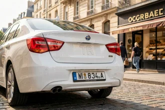 Plaque d'immatriculation TR étrangère sur une voiture garée dans une rue française avec façades haussmanniennes en arrière-plan