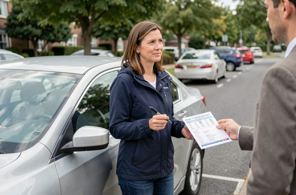 Femme remettant une carte grise barrée lors de la vente d'une voiture entre particuliers