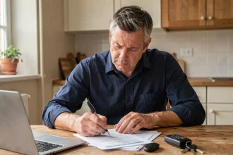 Homme remplissant un formulaire de cession de véhicule à la maison avec les clés de voiture posées sur la table