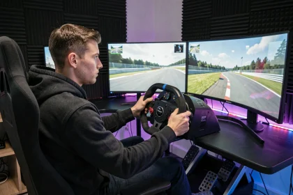 Jeune homme concentré sur un simulateur de course avec volant direct-drive et triple écran affichant un circuit, dans une salle gaming dédiée
