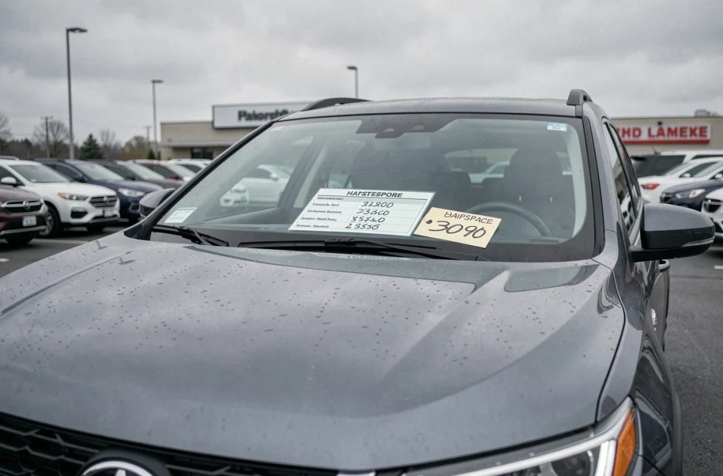 SUV d'occasion dans un parking de concessionnaire avec fiche technique affichant la puissance fiscale et le prix en 2026