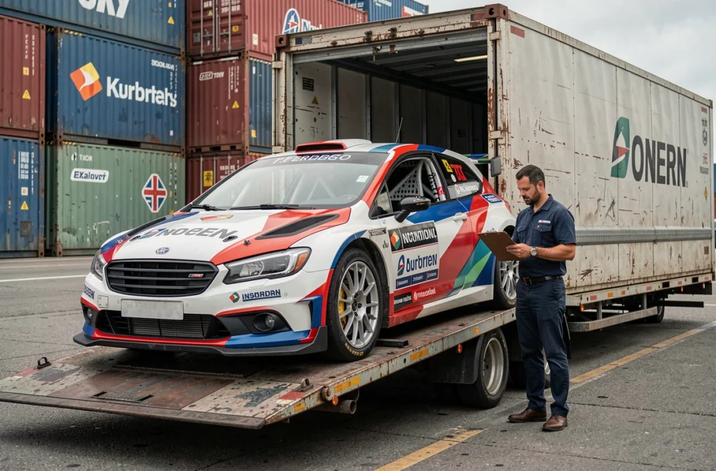 Voiture de rally chargée sur un camion de transport international dans un port d'exportation