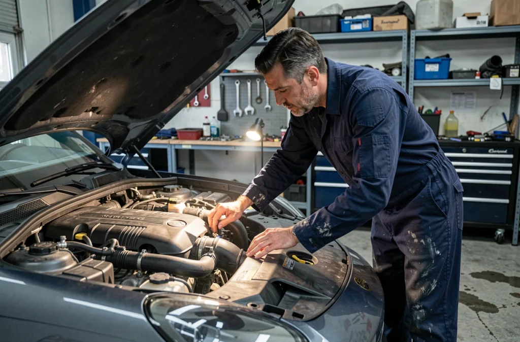 Mécanicien vérifiant le moteur d'un Porsche Cayenne S Magnum d'occasion dans un garage indépendant